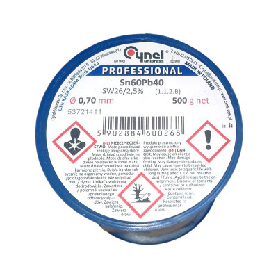 Припій дротяний, 0.7mm, 500g, з флюсом, CYNEL Sn60Pb40-SW26/2.5% Ø0.7, 500g