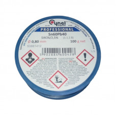 Припій дротяний, 0.8mm, 100g, з флюсом, CYNEL Sn60Pb40-SW26/2.5% Ø0.8, 100g Припій дротяний, 0.8mm, 100g, з флюсом, CYNEL Sn60Pb40-SW26/2.5% Ø0.8, 100g