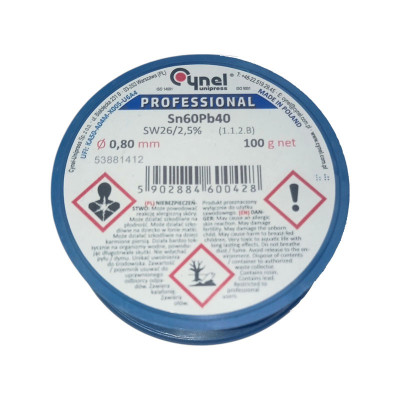 Припій дротяний, 0.8mm, 100g, з флюсом, CYNEL Sn60Pb40-SW26/2.5% Ø0.8, 100g