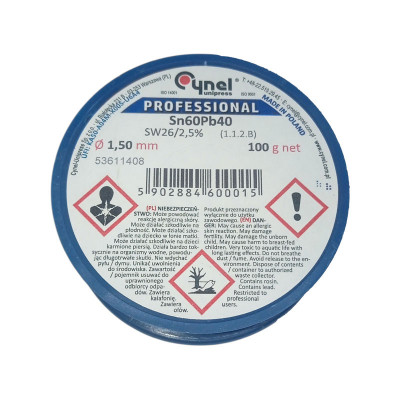 Припій дротяний, 1.5mm, 100g, з флюсом, CYNEL Sn60Pb40-SW26/2.5% Ø1.5, 100g