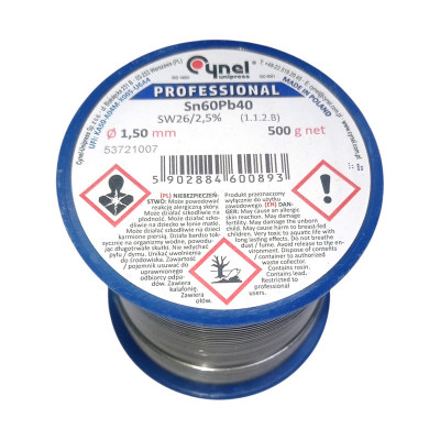 Припій дротяний, 1.5mm, 500g, з флюсом, CYNEL Sn60Pb40-SW26/2.5% Ø1.5, 500g
