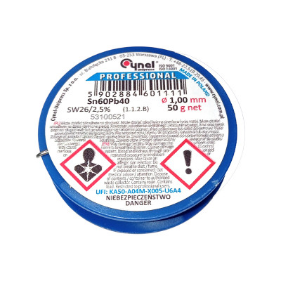 Припій дротяний, 1.0mm, 50g, з флюсом, CYNEL Sn60Pb40-SW26/2.5% Ø1.0, 50g